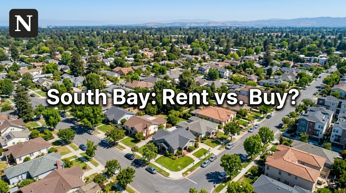 Aerial view of a sunny South Bay neighborhood with houses, streets, cars, and green trees.