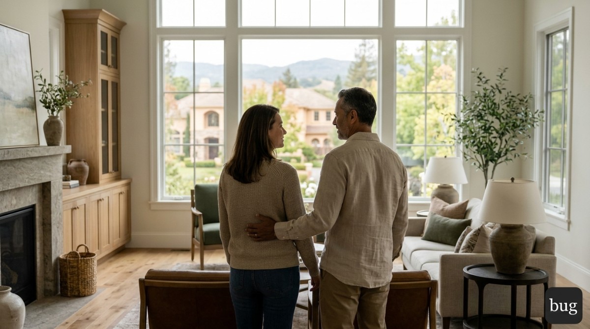 A couple stands in a bright living room, looking out large windows at luxury real estate trends.