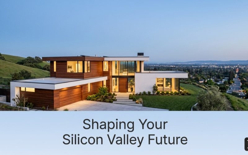 Modern luxury home with wood siding and large windows overlooking a Silicon Valley cityscape at dusk.
