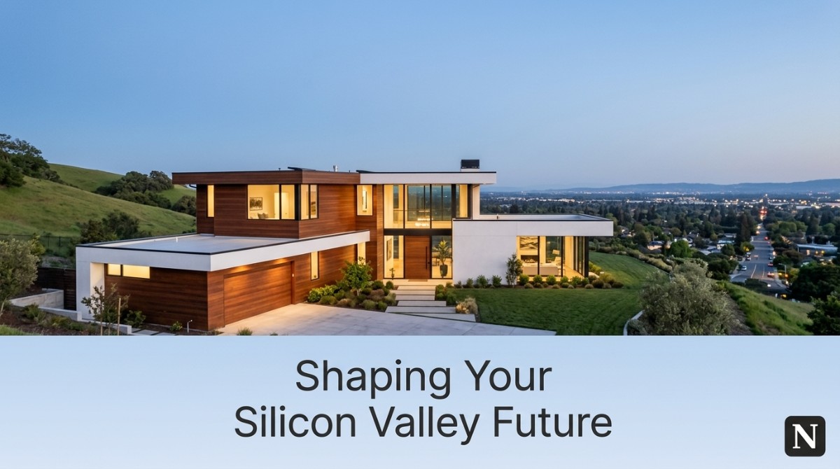 Modern luxury home with wood siding and large windows overlooking a Silicon Valley cityscape at dusk.