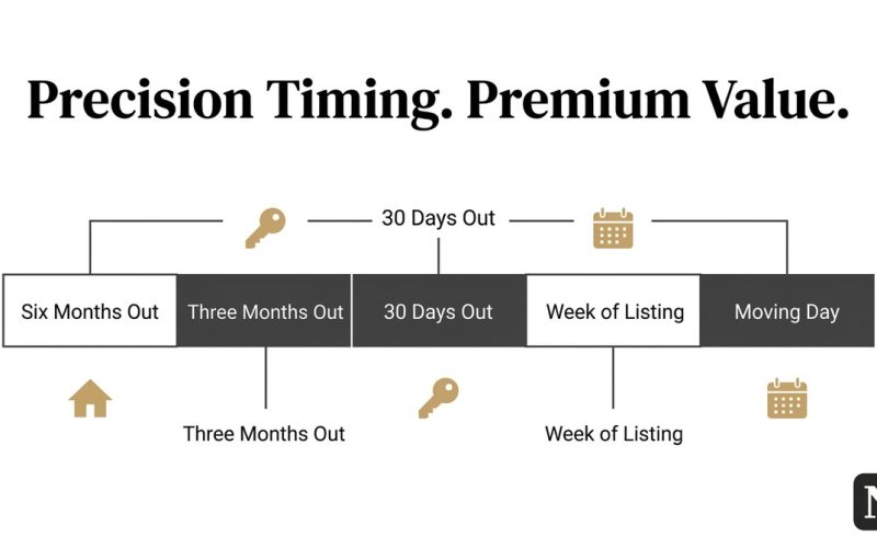 A timeline graphic titled "Precision Timing. Premium Value." showing steps to sell a South Bay home.