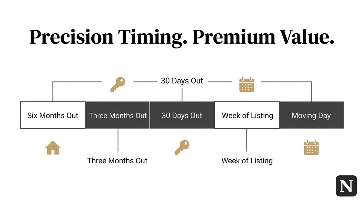 A timeline graphic titled "Precision Timing. Premium Value." showing steps to sell a South Bay home.