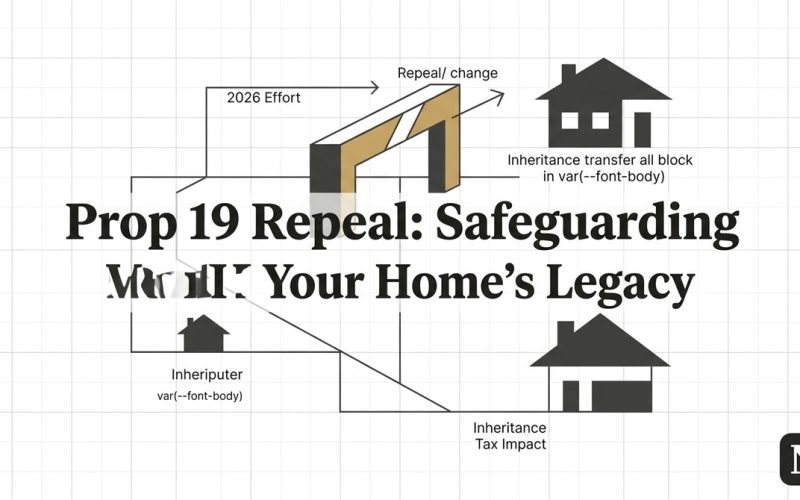 Diagram on a grid with houses, arrows, and text "Prop 19 Repeal: Safeguarding Your Home's Legacy.